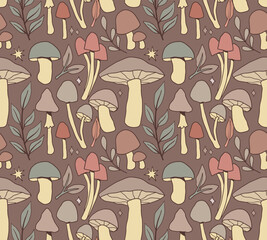 Autumn Forest Mushrooms Seamless Pattern, Cottagecore, Wild Mushrooms Fall Design	