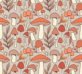 Autumn Forest Mushrooms Seamless Pattern, Cottagecore, Wild Mushrooms Fall Design	