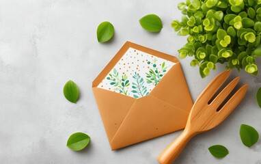 Brown envelope with botanical card and wooden fork, surrounded by green leaves