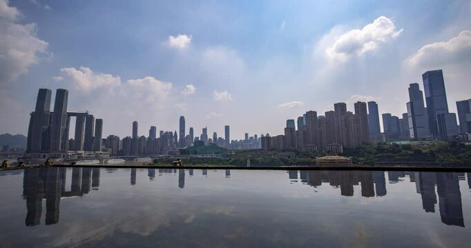 Explore the stunning skyline and reflections of Jiangbei Commercial CBD Grand Theater at Chaotianmen Raffles City