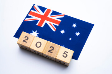 2025, Australia Flag with date block, Concept, Important events for Australia the new year,...