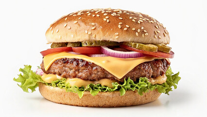Juicy Cheeseburger with Meat Patty and Fresh Toppings – High-Quality Isolated Food Image