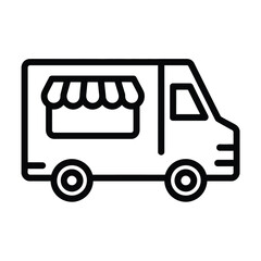 Simple black line art icon of a food truck with an awning