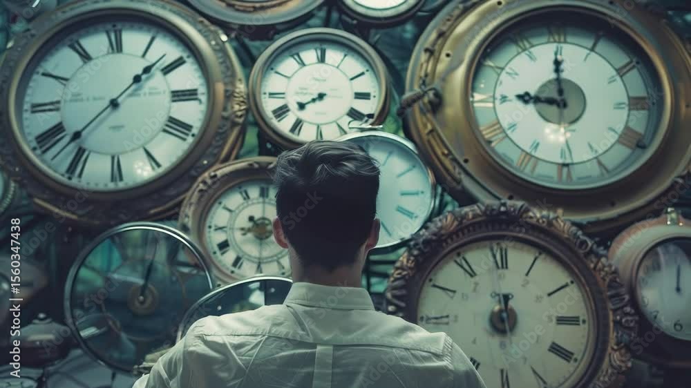 Poster a person admiring a collection of clocks on a wall, great for use as a background or illustration