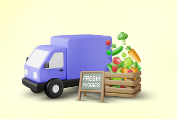3D illustration vector render of delivery truck with wooden crates full of assorted fresh vegetables with Fresh Veggies sign. Concept of transporting fresh vegetables from farm to market or home.