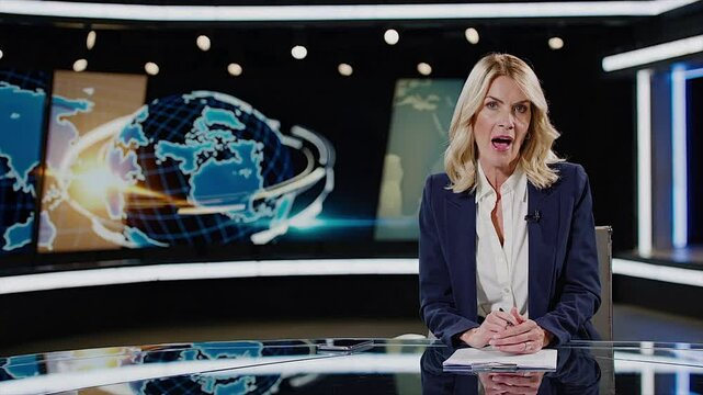 Seamless Loop video of Professional anchor in blue suit hosting live news show at desk,Generative AI