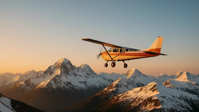 Scenic flight over majestic snowy mountains at sunset with a small plane