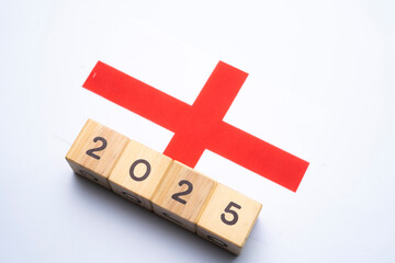 2025, England flag with date block, Concept, Important events for England the new year, election,...
