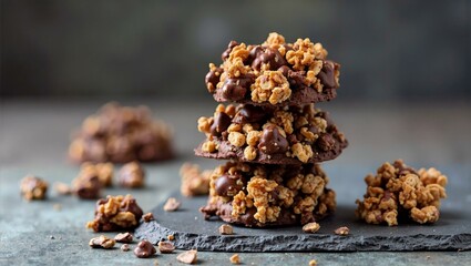 Chocolate Covered Granola Clusters Stacked on Slate with Crumbs and Chips