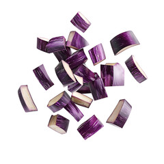 Diced eggplant pieces levitate isolated on white or transparent png, showcasing fresh vegetable preparation