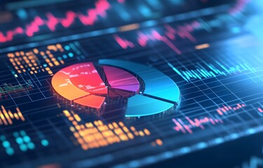 Digital finance stock market graphs illustrate a technological business board with abstract blue circuit data.