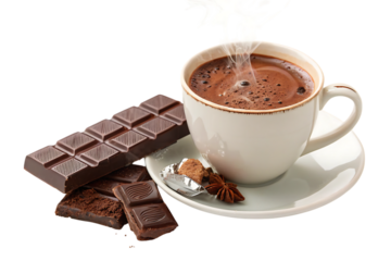 Cup of hot cocoa drink with chocolate bar PNG Image
