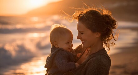Joyful mother holding her baby tenderly on a beach during a beautiful golden hour sunset with wind blowing her hair