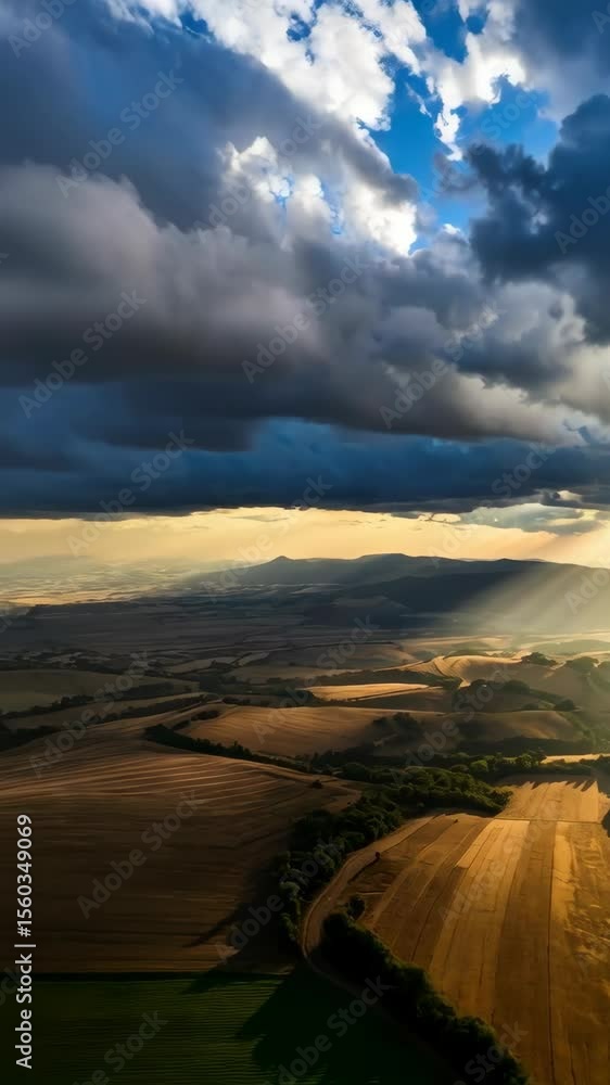Poster sunlight filters through storm clouds over a cultivated landscape with rolling hills and textured fi