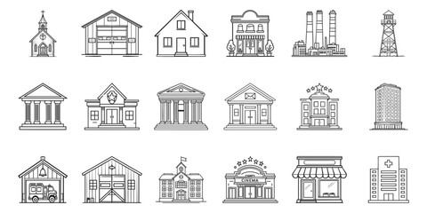 Various Building Icons Set. Urban Architecture And Infrastructure Collection. Isolated Vector Illustration