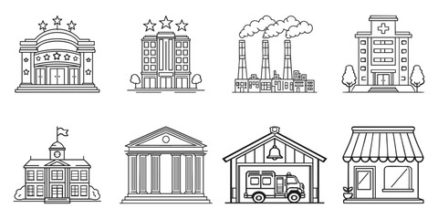 Fototapeta premium Building Icon Set. Urban Infrastructure And Public Services Collection. Isolated Vector Illustration