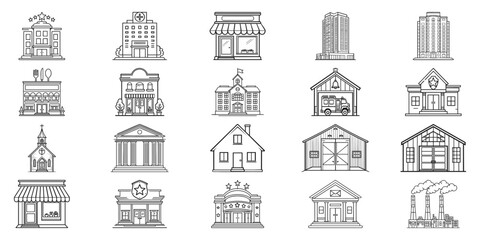 Building Icon Set. Diverse Architectural Structures And Landmarks Collection. Isolated Vector Illustration