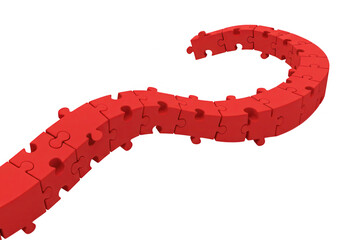 A red question mark made of puzzle pieces isolated on transparent background represents a problem