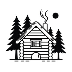 Simple black and white illustration of a cozy log cabin in a forest with smoke from chimney
