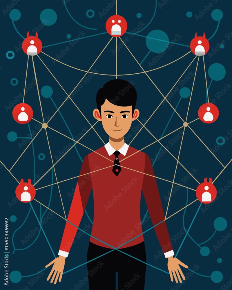Poster a person caught in a sticky web each thread labeled with manipulation through rationalization manipu
