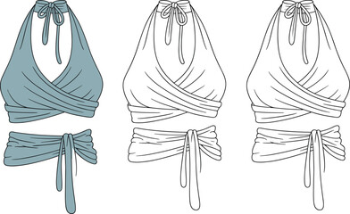 Trendy halter wrap crop top flat sketch, back tie detail, fashion vector illustration for stylish women’s clothing, apparel designers, sewing. flat vector illustration