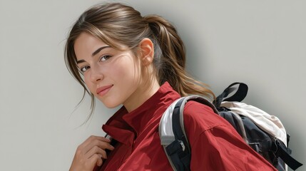 Young woman with a backpack, dressed in a red jacket, smiling against a plain background