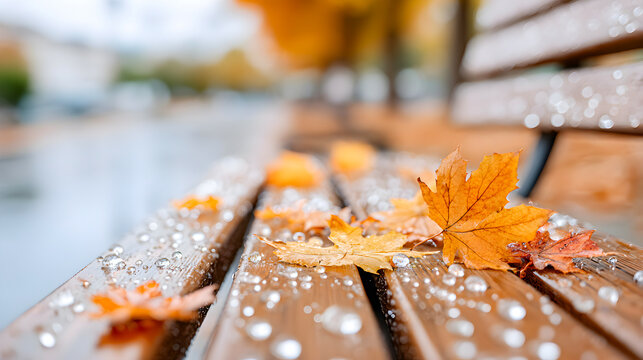 Autumn leaves resting on a wet wooden bench, glistening with raindrops, creating a serene and tranquil atmosphere in a park setting. Selective focus - Powered by Adobe