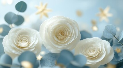 Delicate white roses, soft blue eucalyptus, and golden stars create a dreamy winter floral scene