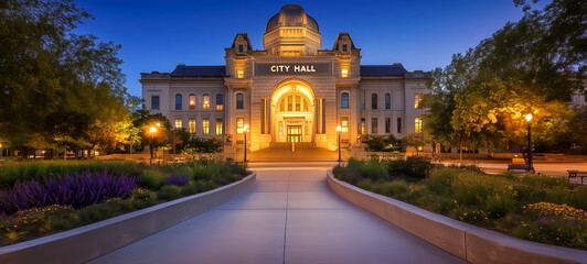 Illuminated city hall building in a serene evening setting