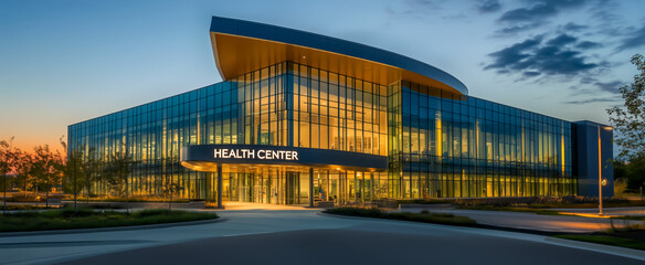 Modern health center building with glass facade at dusk