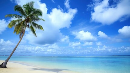 view of the turquoise ocean and white sandy beach, with a single palm tree on one side, under a clear blue sky dotted with fluffy clouds,  tranquility and relaxation, used as wallpaper or a cover