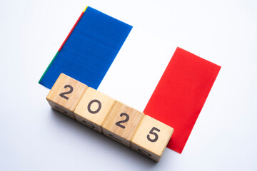 2025, France flag with date block, Concept, Important events for France the new year, election,...