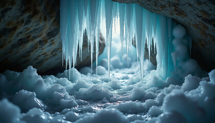 Close-up of icicles hanging from the ceiling of an ice cave  