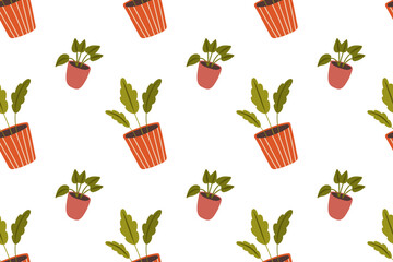 Seamless pattern with house plants. Hand drawn vector illustration of flowers in pots on white background