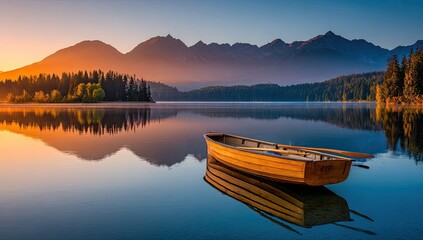 Serene lake sunrise with wooden boat