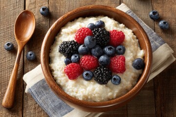Wooden bowl of oatmeal with berries
