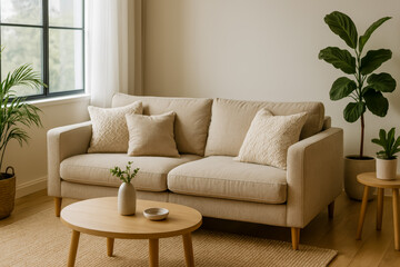 Cozy living room with stylish beige sofa and plants