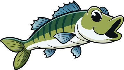 Bass Fish Cartoon With Fishing Hook Design.