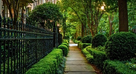 Obraz premium Sunlit pathway lined with manicured hedges and ornate iron fence