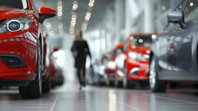 Row of Parked Cars in Modern Indoor Showroom with People Walking