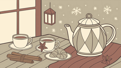 Cozy winter tea time illustration with teapot cups cinnamon and pastries for christmas holiday season