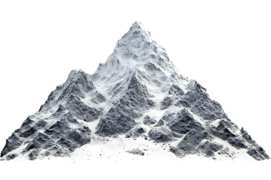 Snowy mountain range with textured peaks isolated on white or transparent png