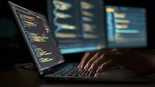 Person Typing on Laptop with Colorful Code on Screen in Dark Room