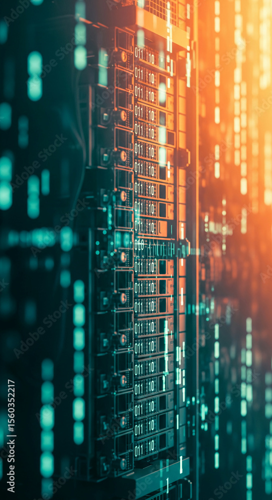 Poster Close-up of server rack with binary code, showcasing technological advancement and data storage, representing digital world and innovation