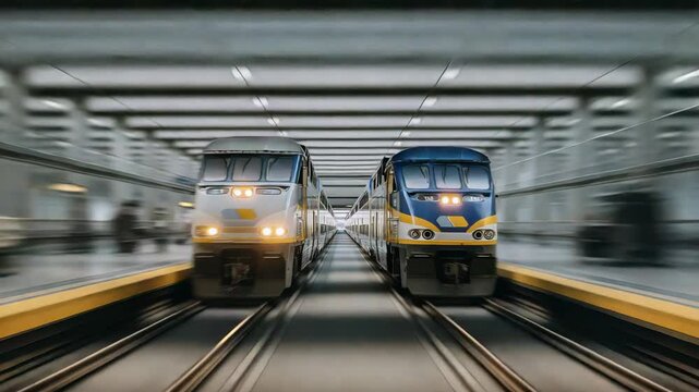 Three Trains Approaching on Parallel Tracks Inside Underground Station