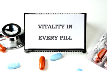 The concept phrase is VITALITY IN EVERY PILL. Balance, eat, vitality, exercise, sleep, rest and...