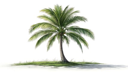 Obraz premium Lush green palm tree on sandy ground tropical leaves