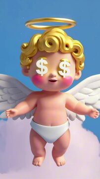 vertical 9:16 A 3d angel cherub with a halo and $ sign eyes in a cloudy blue sky