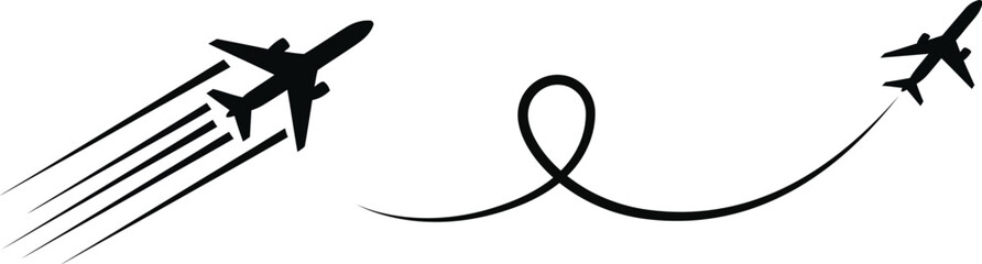 Airplane in flight with a trail symbol. Aircraft icon featuring a trace path. Clear PNG and vector graphic.

