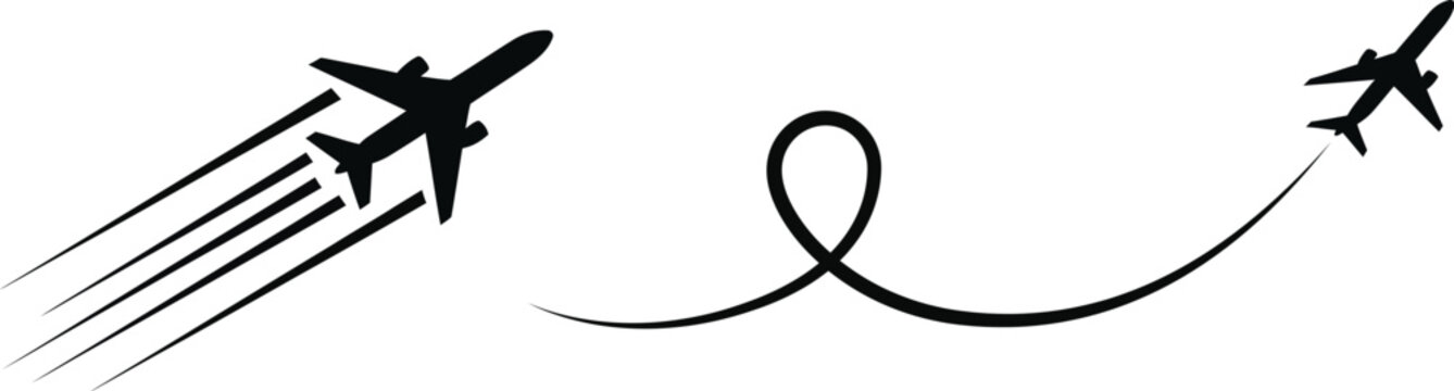 Airplane in flight with a trail symbol. Aircraft icon featuring a trace path. Clear PNG and vector graphic.

